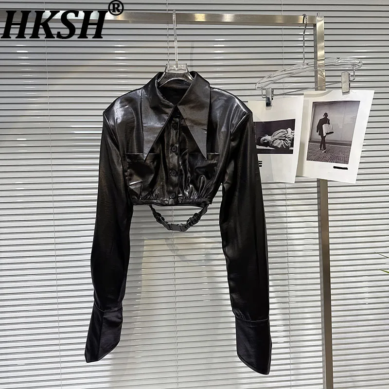 

HKSH Autumn New Women Short Shirt Turn-down Collar Long Sleeve Single Breasted Satin Elegant Stylish Punk Streetwear Top HK10188