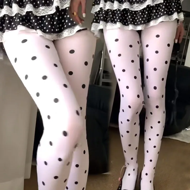 

JK Black Polka Dot Patterned Pantyhose for Women Vintage Sexy Crash Leggings Opaque Silky Footed Tights Elastic Long Stockings