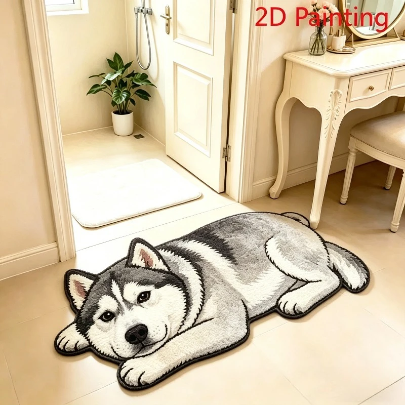 VIKAMA Cute Pet Style Lying Husky Bedside Plush Area Rug for Bedroom Doormat Carpet For Living Room Bathroom Mat Kitchen Rug Hom