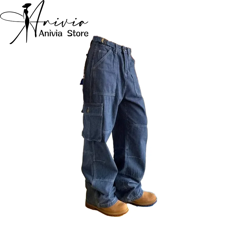 

Women's Blue Cargo Jeans Baggy Harajuku Cowboy Trousers 90s Y2k Denim Pants Vintage Japanese 2000s Style Trashy Clothes Summer