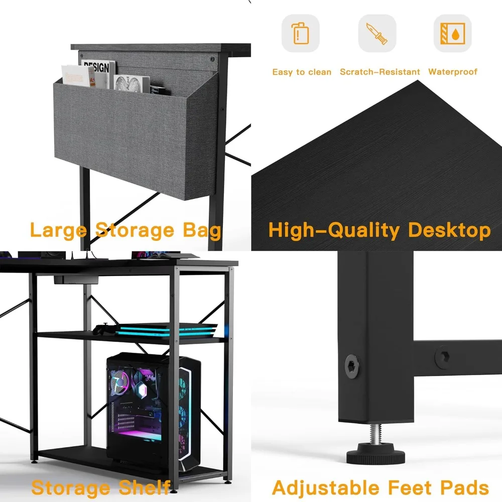 L Shaped Computer with Power Outlets, Small Corner with Reversible Shelves, Gaming Desk