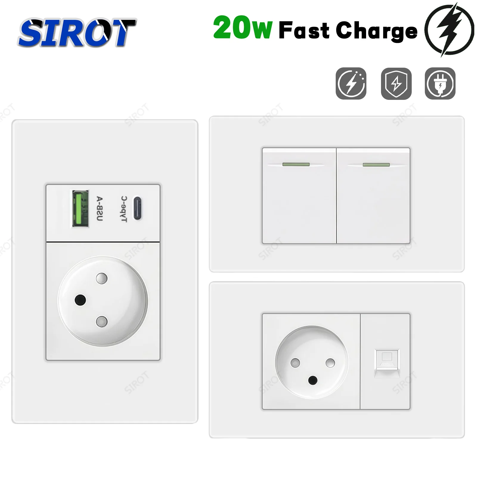 SIROT Israel Wall Socket,Type C Ports 10W/20W Fast Charging Socket,White Fireproof Plastic Frame Child Safety Protection Socket
