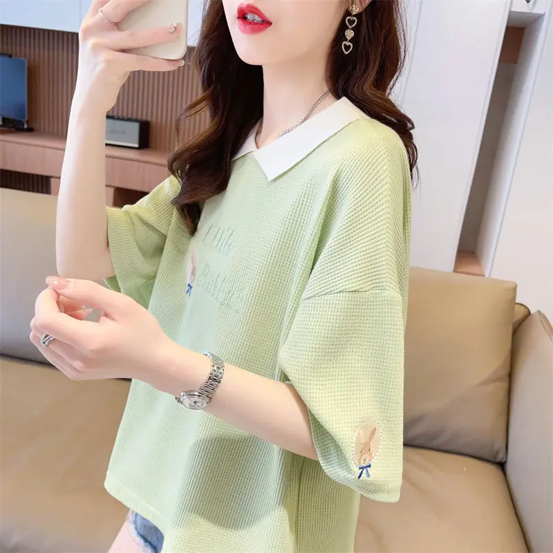 

Summer Women's Pullover Letter Cartoon Embroidered Paisley Turn-down Collar Short Sleeve T-shirt Casual Elegant Loose Tops