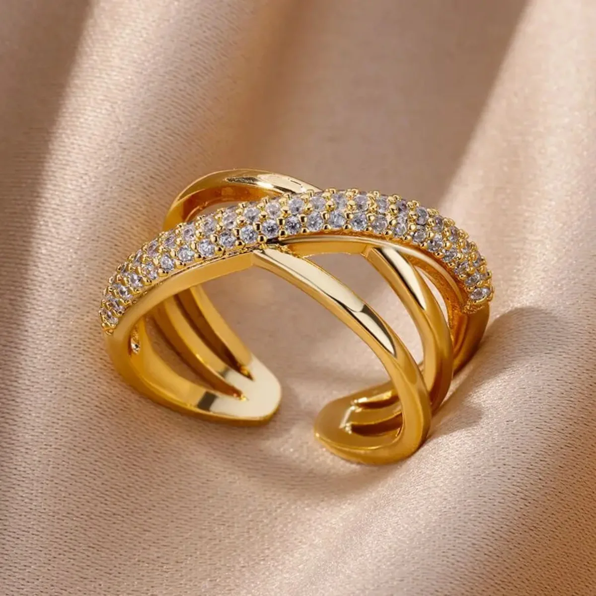 Zircon Double Crossed Shape Rings For Women Gold Plated Stainless Steel Cross Ring Luxury Wedding Couple Rings Aesthetic Jewerly image 5