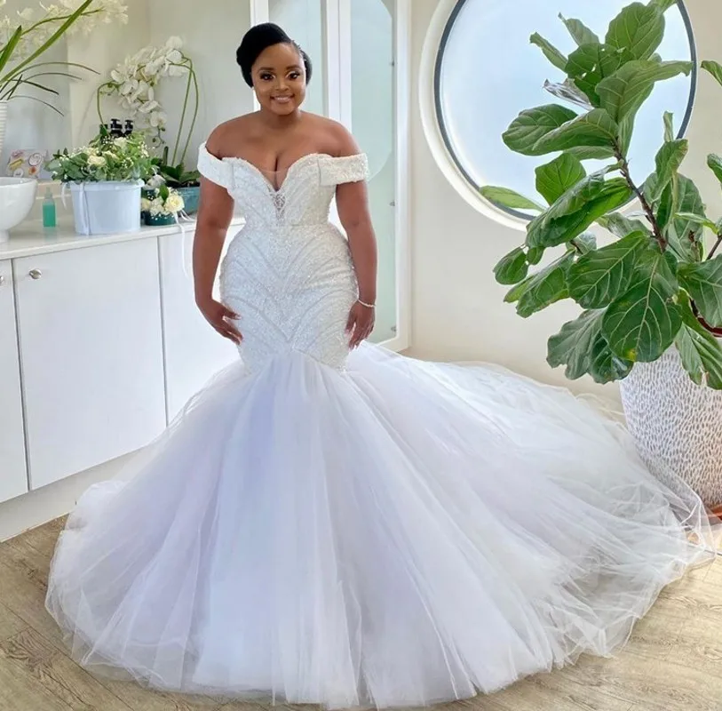 

2024 Luxury African Mermaid Wedding Dresses Off the Shoulder Heavy Beading Bridal Gowns Vestidos De Noiva Robe Mariee