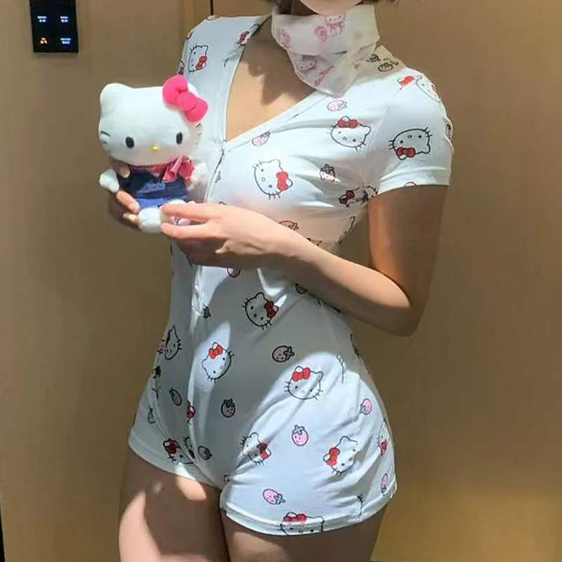 Sanrio hello kitty macacão feminino fino e calcinha uma peça sem costura bodycon roupas femininas pijamas roupas domésticas