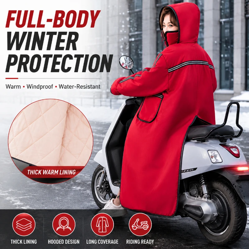Winter Motorcycle Riding Coat Thick Warm Windproof Long Jacket Fleece Lined Water Resistant Hooded Cold Weather Riding Gear