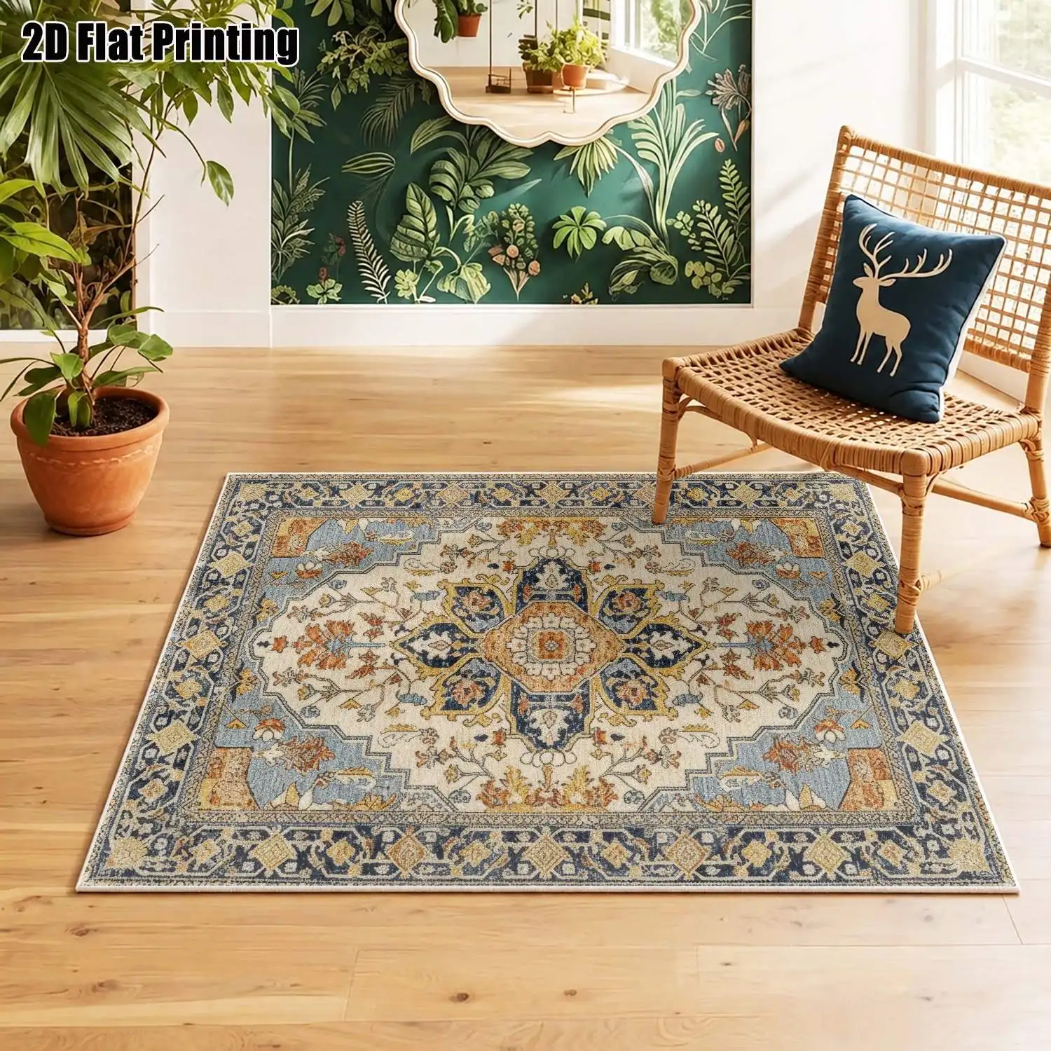 1Pc 2D Printed Velvet Carpet, Blue Yellow Floral Geometric Patterns Vintage European Bohemian Home Decor Doormat, Multi-Size Machine Washable for Entryway, Dining, Bedroom, Living Room