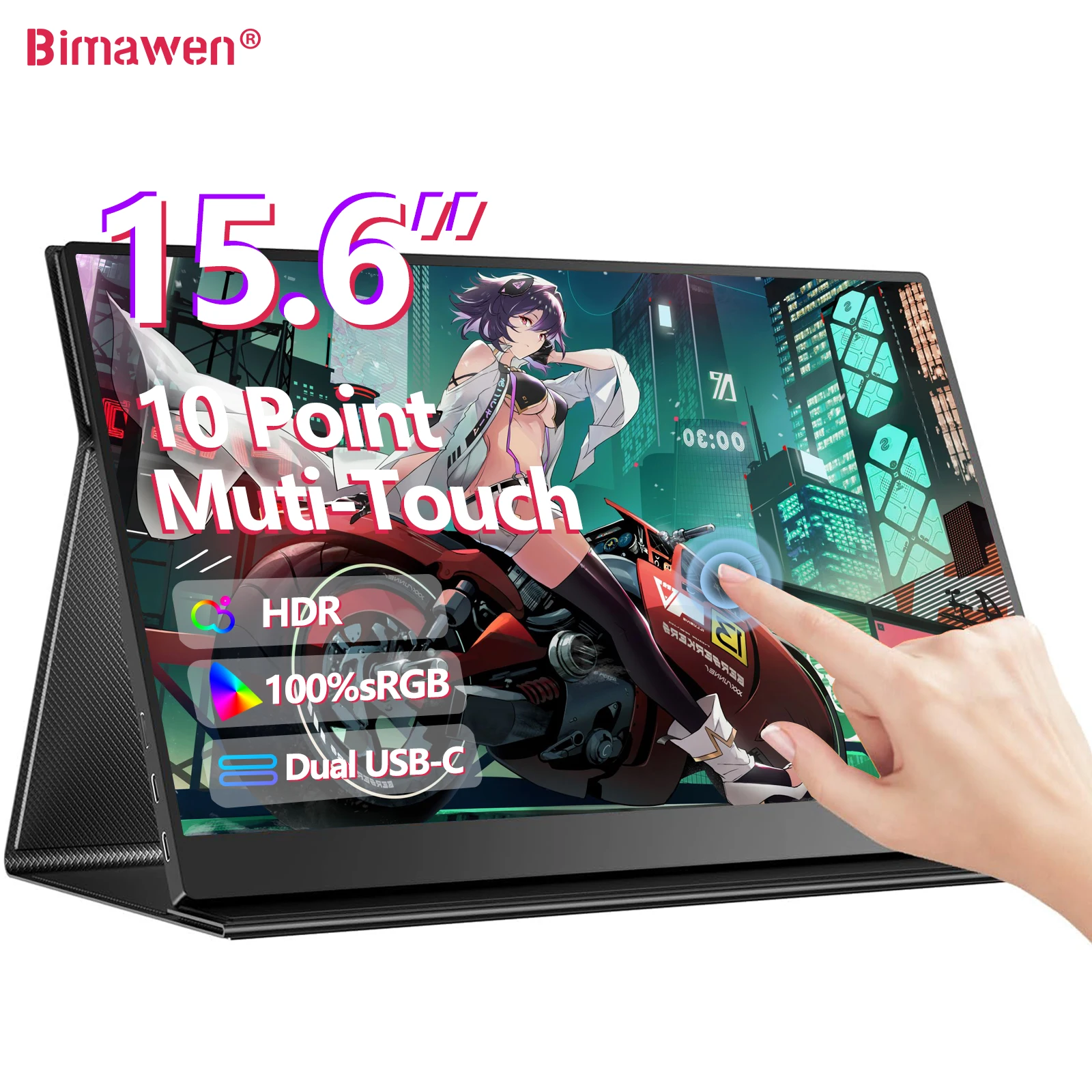 Bimawen 15.6 FHD 1080P IPS 10-Point Portable Monitor Touchscreen, HDMI Eye-Care Travel External Laptop Computer PC Phone Switch