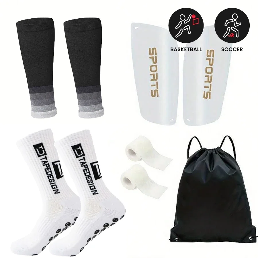 

6-piece set of TC football accessories combination bag, drawstring bag, sports socks, bandages, protective plate, and sheath