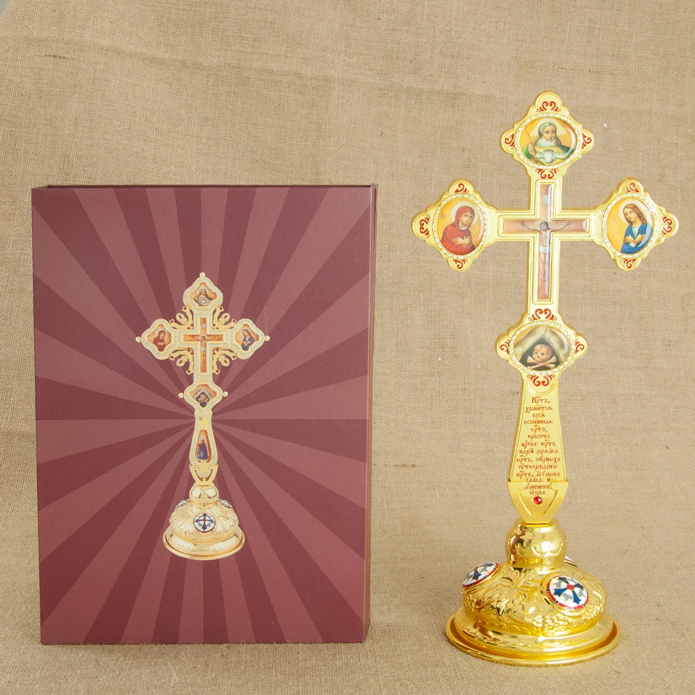 HTISOK 15 Zoll Orthodoxes Stehendes Jesus-Kreuz, Zinklegierung Vergoldetes Kreuz, Religiöse Dekoration mit Sockel, Geschenk für Gläubige – Detail 10
