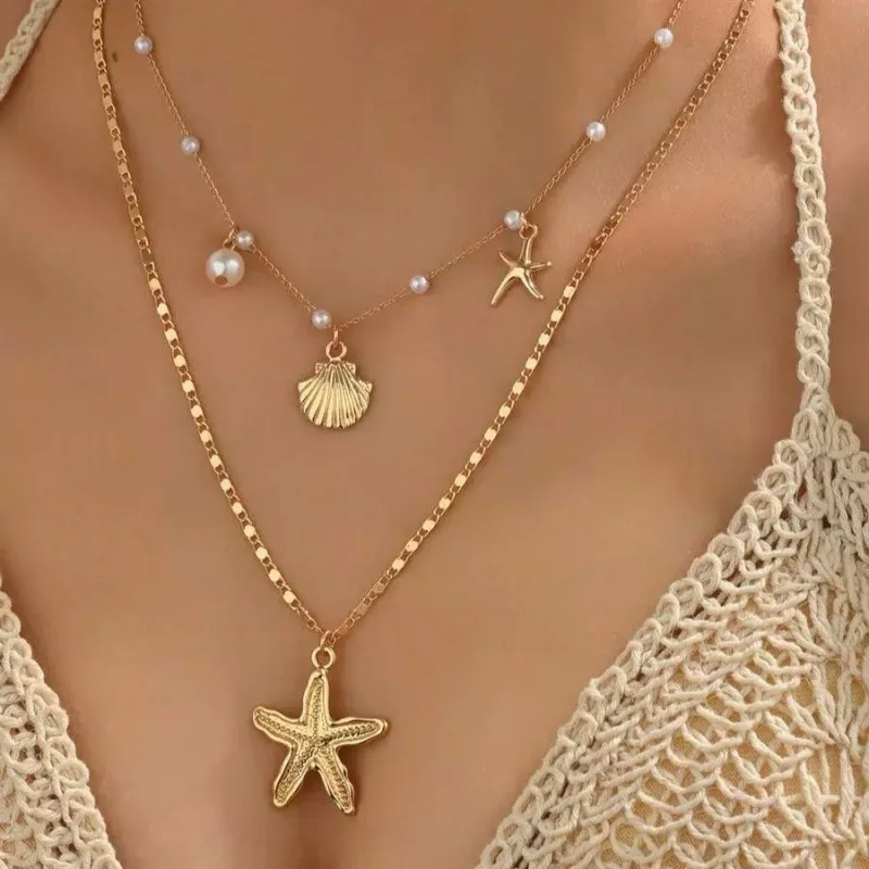 2pcs/Set Summer Fresh Faux Pearl Necklace, Fashion Trending Ocean Life Multi-Pendant Jewelry Set For Women, Suitable For Daily Wear, Vacation, Beach Trip, Photo Shoot, Handmade Chain Can Be Cut To Desired Length, Faux Pearl Quantity Not Fixed