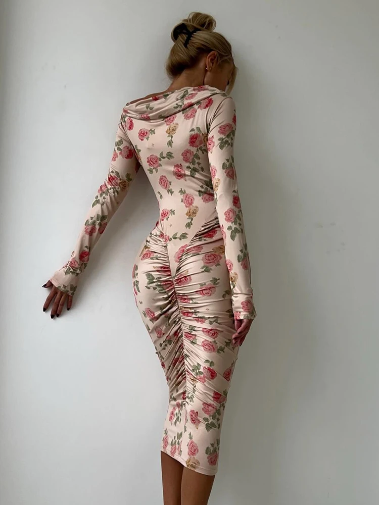 Cutenew Elegant Rose Print Dress Women Sexy Chic Peach Buttocks Slash Neck Full Sleeve Vacation Birthday Stretch Skinny Bodycon