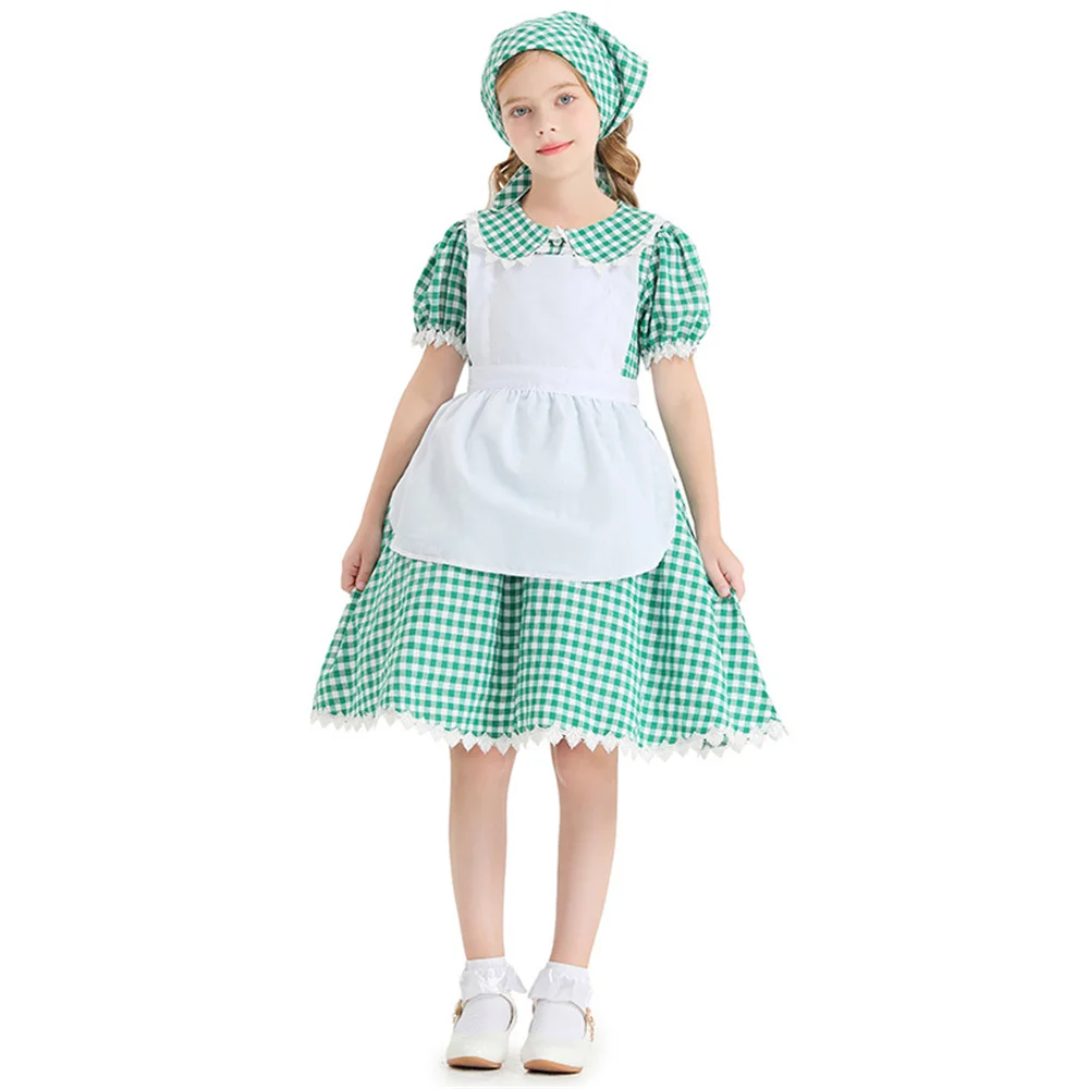 Girl Cute Green Plaid Dress Cosplay Pastoral Style Farm Maid Costume Kids Oktoberfest Beer Wench Waitress Dirndl Dress