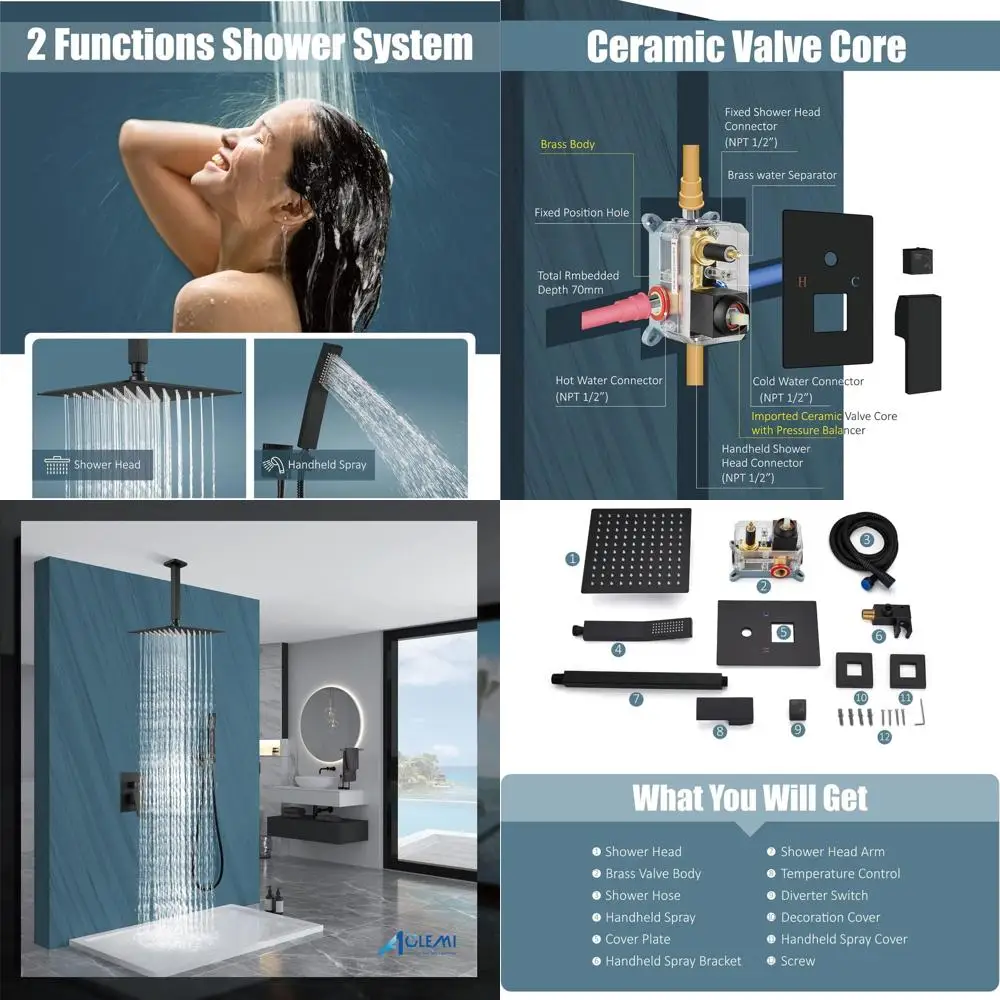 

12-Inch Matte Black Ceiling Mount Rain Shower Head with Handheld Spray and High-Pressure Faucet Set, Including Rough-in Valve an