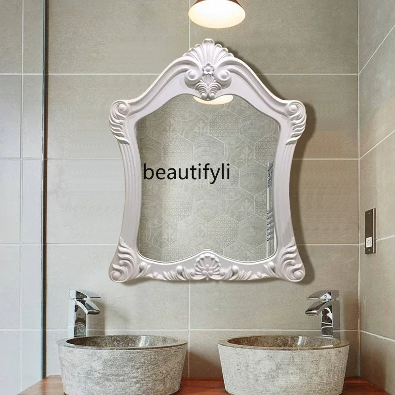 European-style carved bathroom mirror wall-mounted washstand makeup mirror plus lamp wall-mounted defogging bathroom mirrorHY