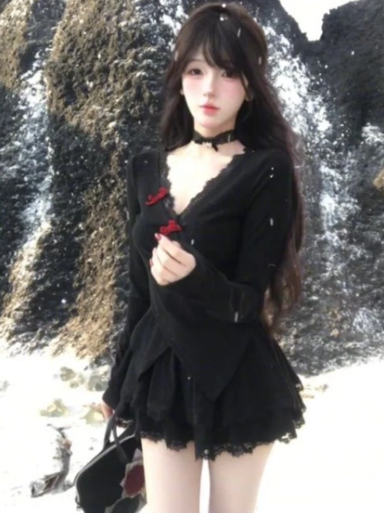 

Y2k Harajuku Vintage Sweet Bow Knitted for Women+ 2025 New High Waist Skirts All-match Two Piece Sets Black Knitwear Top