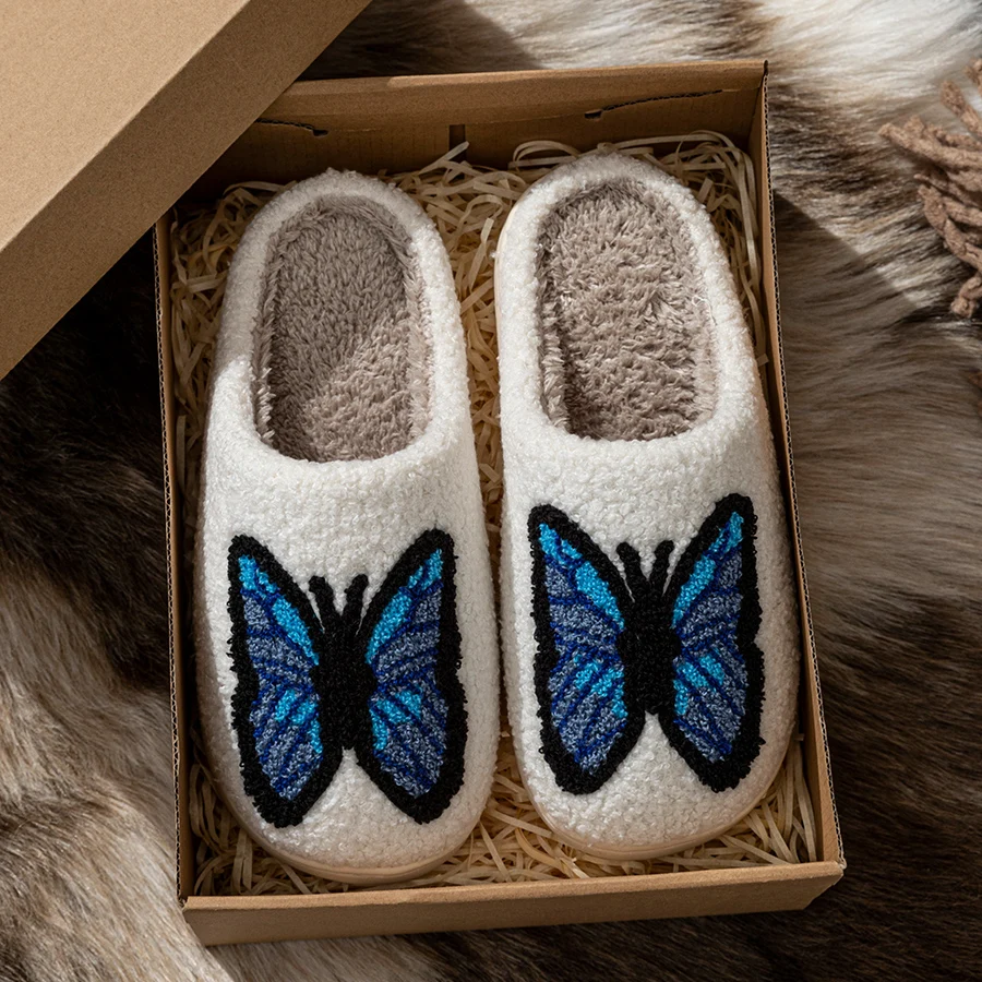 YNPO 2026 New Women's Slippers Indoor Soft Breathable Comfortable Couple Fashion Winter Shoes Cute Butterfly Embroidery Warm