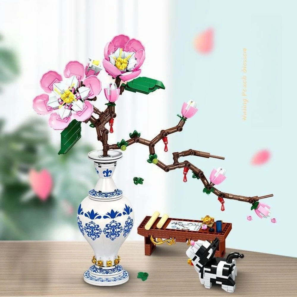 Moc primavera buquê de flores de pêssego vaso de blocos de construção de plantas conjunto de decoração de flores brinquedos crianças aniversário feriado presentes especiais do dia