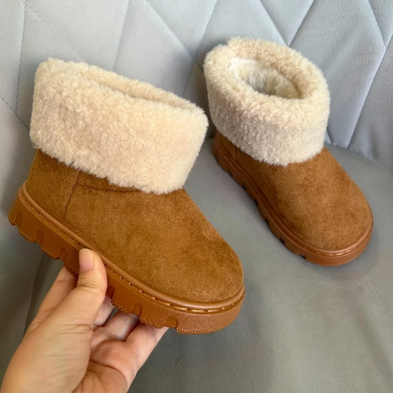 

New Kids Winter Cotton Boots Outdoor Versatile Warm Ankle Short Boot for Girls Brown Simple Causal Children Fashion Snow Boots