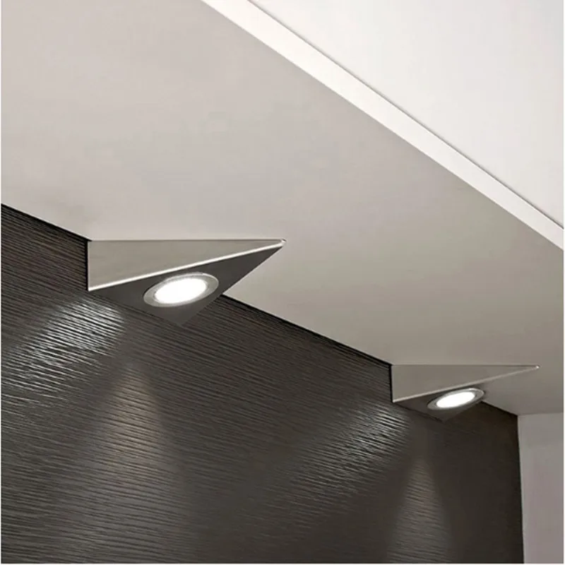 Éclairage sous-meuble en acier inoxydable, Mini lampe triangulaire pour étagère Led, blanc brossé, pour cuisine, garde-robe, placard, affichage, 13x13cm