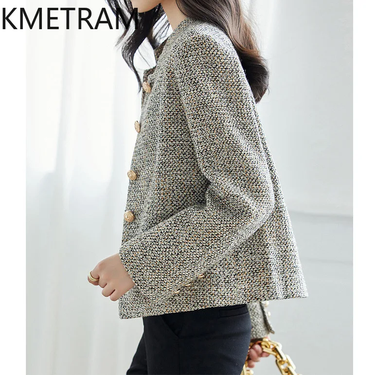 KMETRAM Cotton Tweed Jackets O-Neck Short Jacket High Quality New in Outerwear Fall Clothes Women 2024 Chaquetas Para Mujer