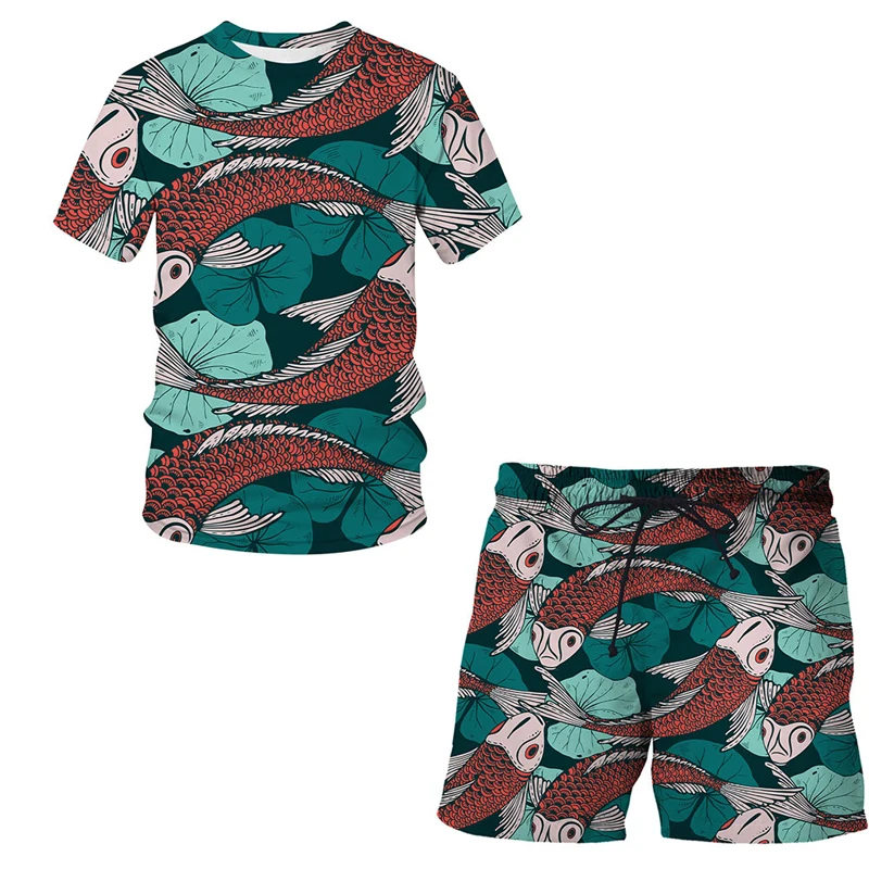 Abstract pattern 3D Printing Short Sleeve + Shorts Two-piece Fish picture Set Men's Fashion Oversized T-shirt Jogging Suit