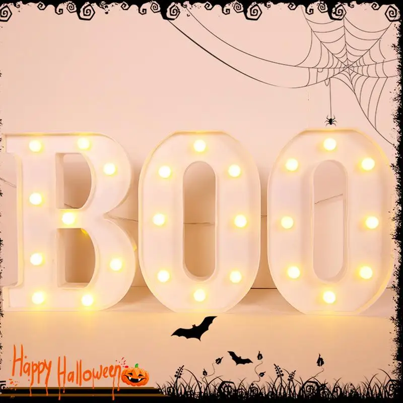 Boo ไฟฮาโลวีนตัวอักษรฮาโลวีน3ชิ้น, ไฟตัวอักษรฮาโลวีนไฟกลางคืนไฟฮาโลวีนสัญลักษณ์ Boo LED สำหรับห้องครัว