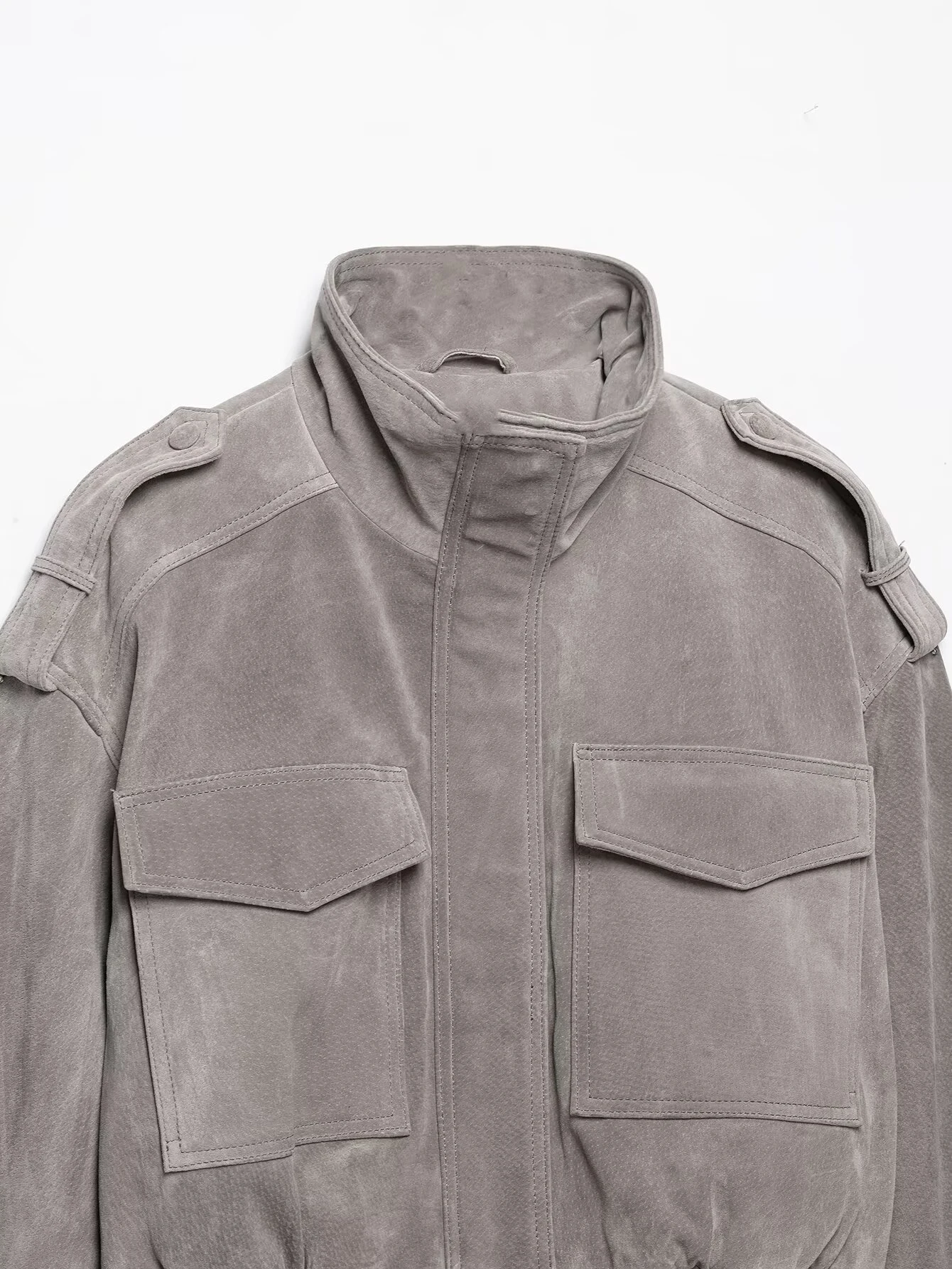 KONDALA Vintage Graue PU Streetwear Damenjacke Mode 2026 Herbst Reißverschlusstasche High Street Chic Moderne Kurze Damenjacke – Detail 9