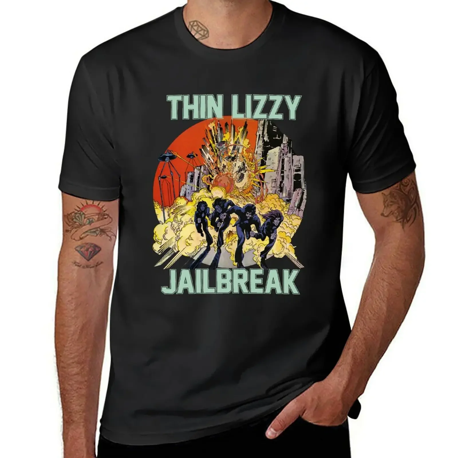 

Thin Lizzy Jailbreak Explosion Vintage Black Print T Shirt T-Shirt korean fashion for a boy designer t shirt men