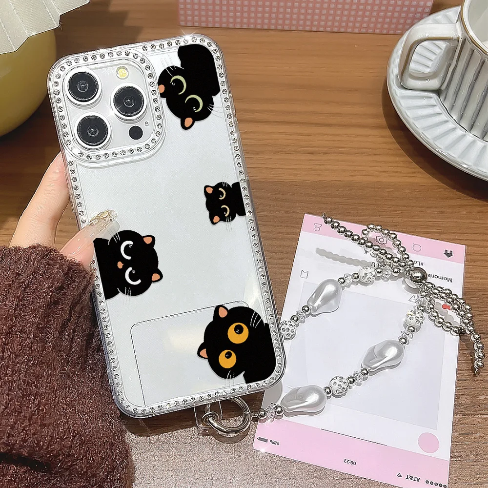 Diamond Lanyard Phone Case For iPhone 17 16 Pro Max 11 13 15 14 12 Air 17promax Transparent Shockproof Cat Painted Cover Funda