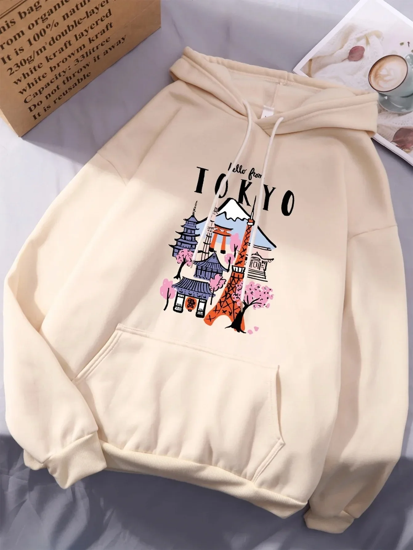 Hello From Tokyo Landmark Graphic Hoodie Men Women Mount Fuji Sakura Front Print Oversized Streetwear Hoody
