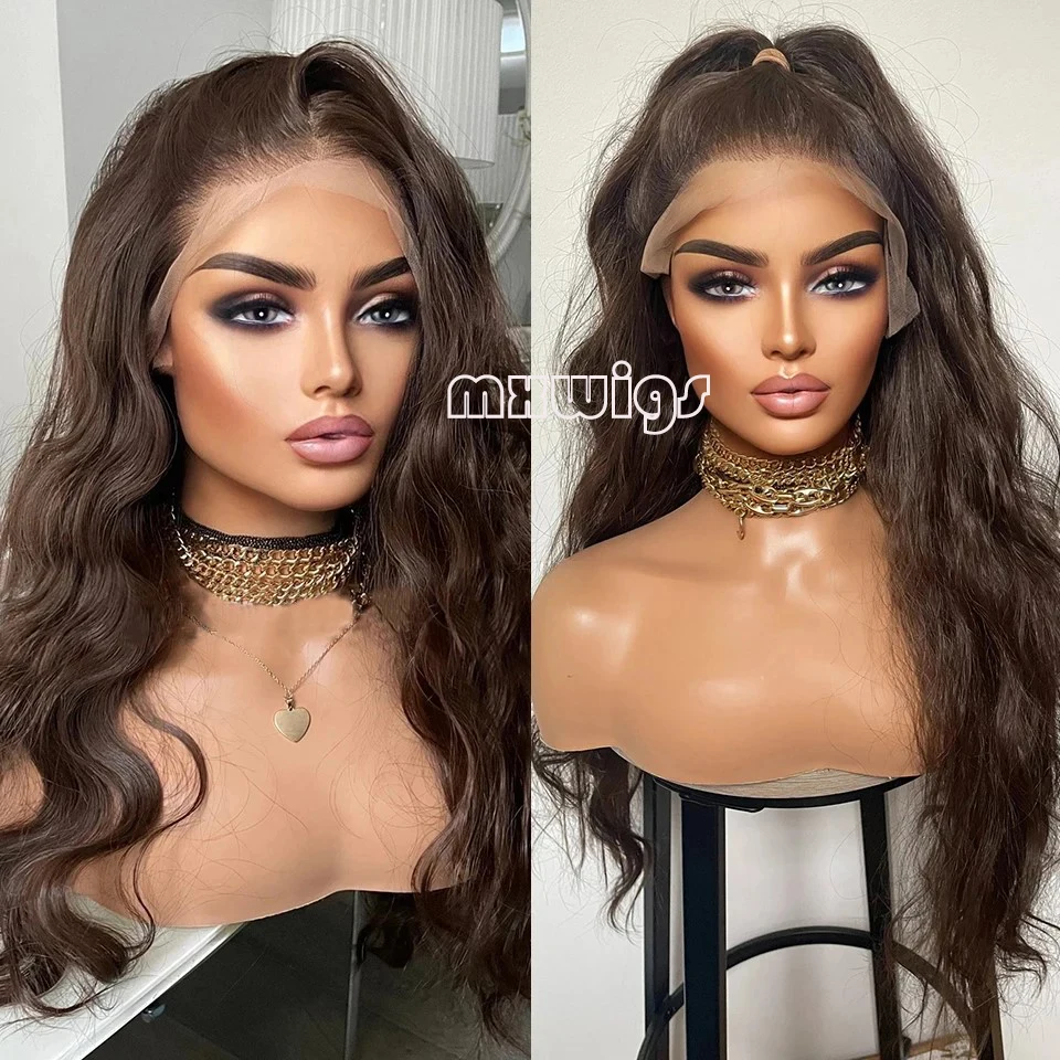 MXWIG الشعر الاصطناعية بني داكن موجة المياه غلويليس 13X4 الدانتيل شعر مستعار أمامي للنساء السود قبل قطعها 26 "طويلة اليومية الألياف تأثيري #3