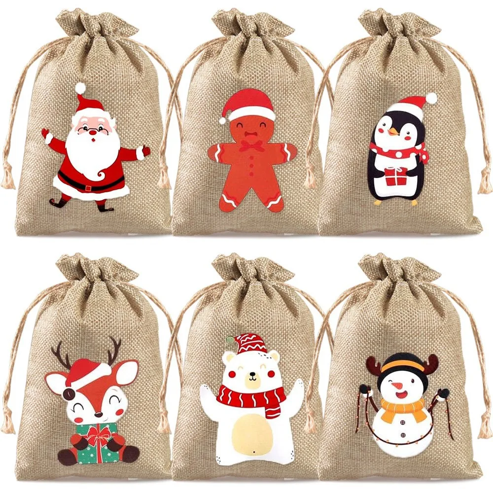 30pcs/lot 10*15cm Christmas Tree Elk Santa Claus Linen Drawstring Pouches Children Christmas Gift Candy Cookie Packaging Bags