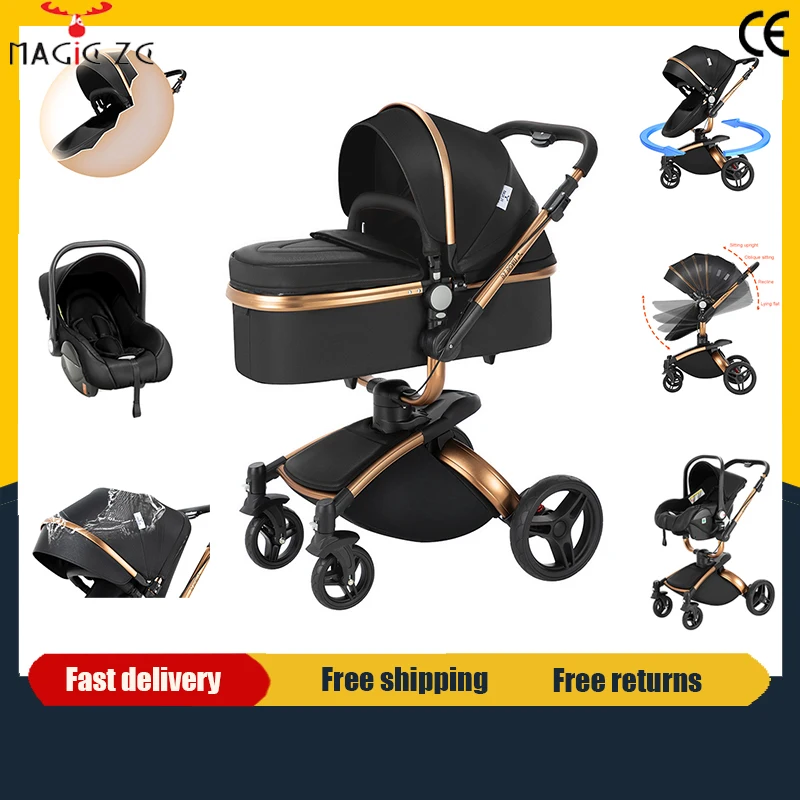 Poussette de luxe 3-en-1 en cuir PU imperméable facile à nettoyer, système de voyage pour nouveau-nés, poussette pliable avec siège auto et landau