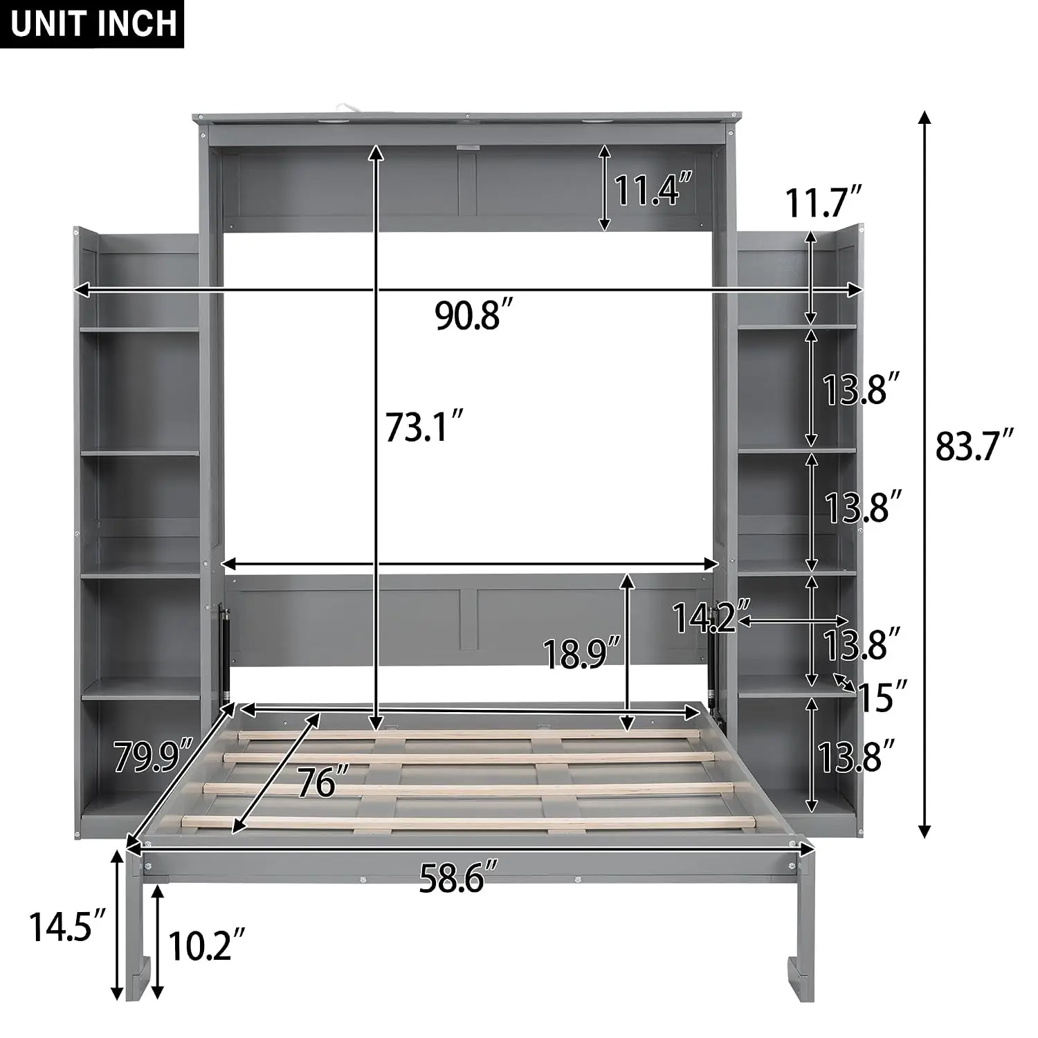 Wooden Murphy Wall Bed with Shelves & LED Lights, Full Size, Gray, Customized