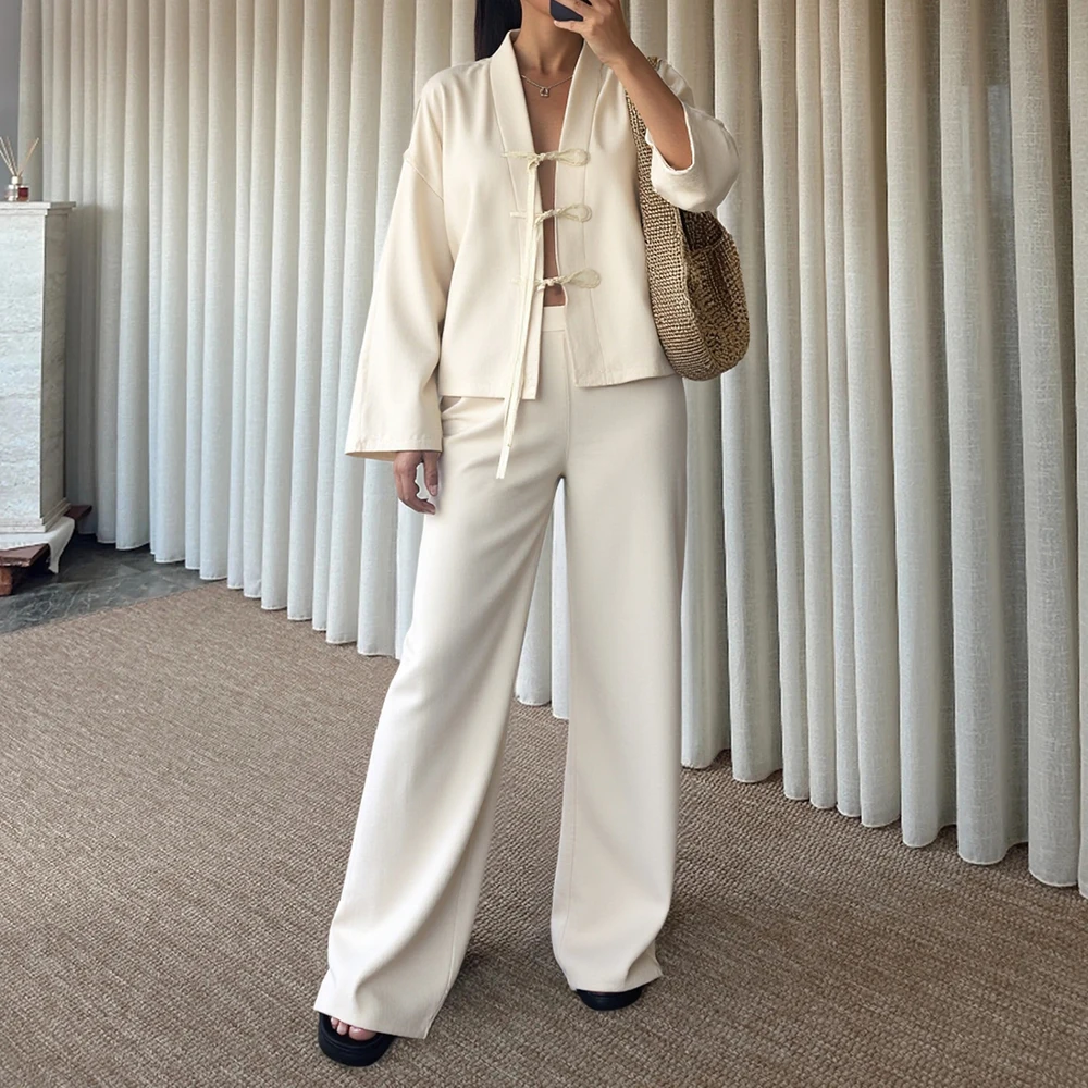 

Mia Muse Autumn Sets 2025 Women's Fashion Solid Color Lace-Up Long Sleeve Open Front High Waist Pant Daily Basic Sets