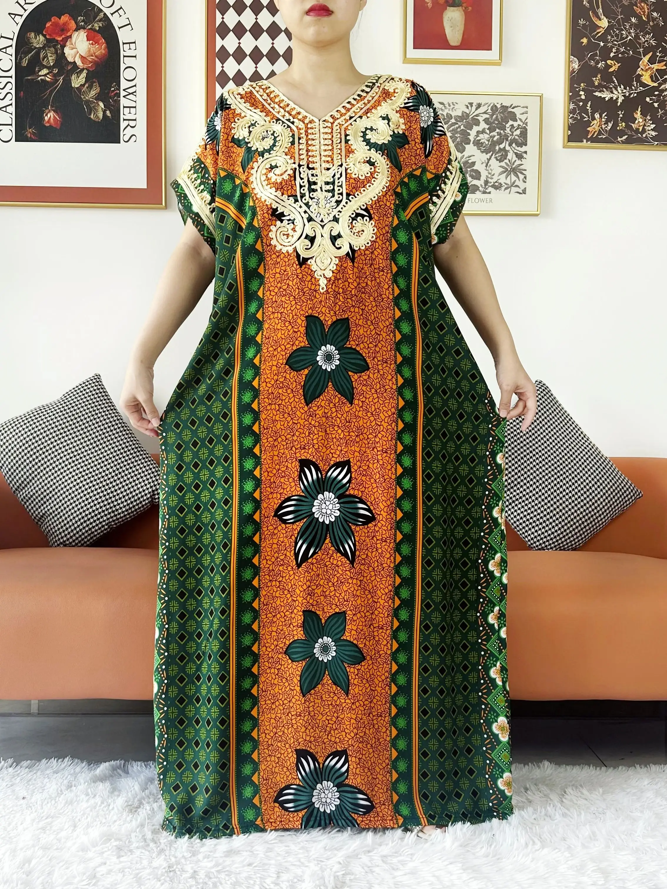 New African Fashion Short Sleeve African Abaya Embroidery Printed Cotton Loose Femme Robe Islamic Dresses With Big Shawls