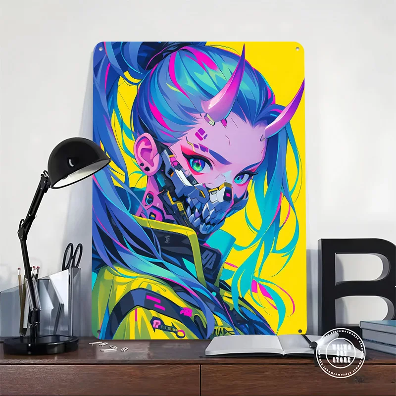 Cyber Demon Popart Girl Tin Plaque Poster Customized Retro Wall Art Vintage Metal Signs for Room Desk Decor Bar Accessories Home