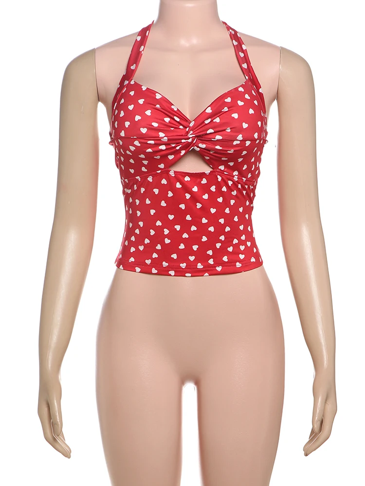Macheda Fashion Heart Print Crop Tops Woman Y2K Trend Bandage Halter Low-Neck Hollow Vest Hottie Street Hipster Backless Outfits