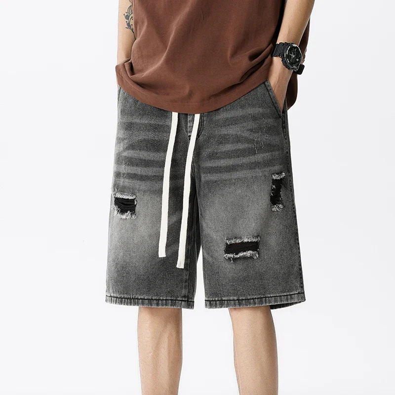 جينز رجالي قصير ممزق من الدنيم ، ملابس الشارع الرجعية ، الأزرق ، الرمادي ، مطاطي ، مستقيم ، فضفاض ، عصري ، كاجوال ، صيفي #4