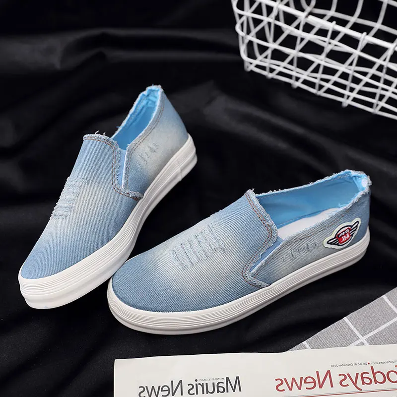 

Spring 2025 Korean Ulzzang Classic Slip-On Denim Blue Canvas Skate oes Women's Hong Kong Sle Flat Bot Waterproof Platform