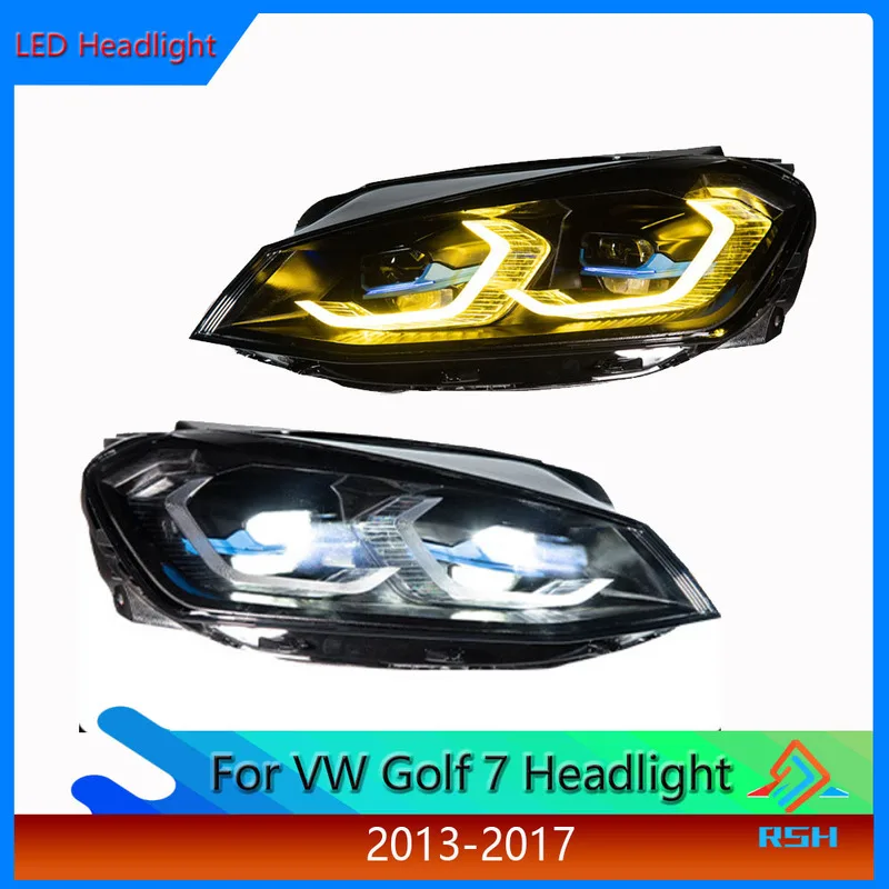 For VW Golf 7 2013-2017 Aftermarket Dual-Color Yellow White LED Projector Headlight Assembly High Brightness DRL Front Light