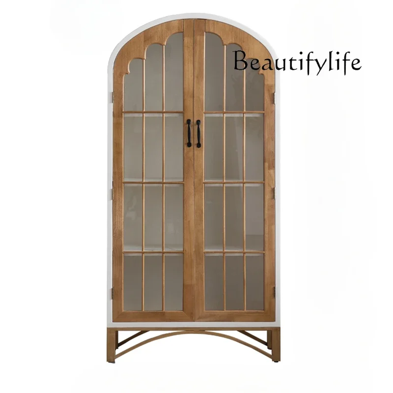 French solid wood retro dining side cabinet, living room glass door against the wall, storage cabinet, study display cabinet