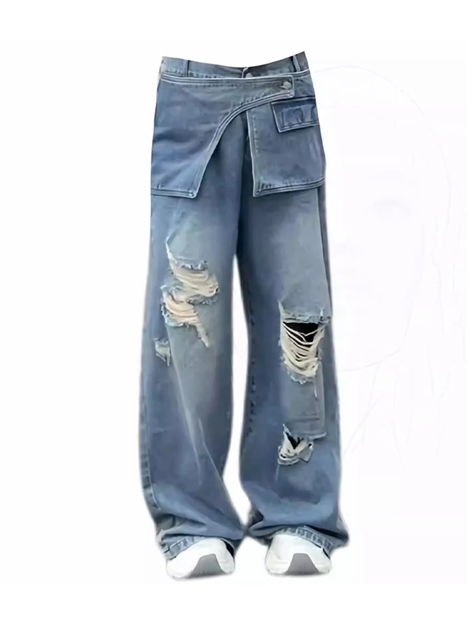 

Женские синие рваные джинсы Y2k с высокой талией, мешковатые широкие джинсовые брюки, винтажные джинсовые брюки в японском стиле Харадзюку 2000-х годов, джинсовые брюки большого размера