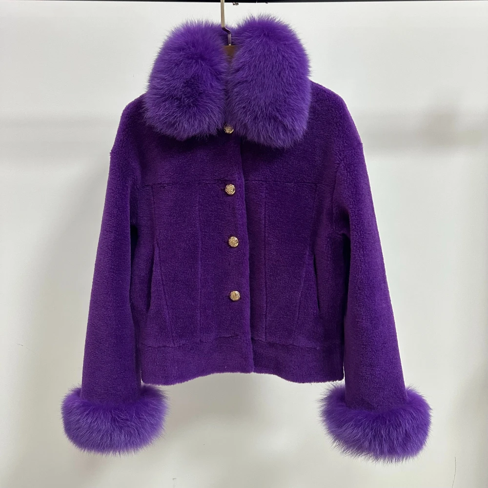 Trendy Women Real Wool Sheep Shearling Coat Crop Genuine Fox Fur Collar Winter Pile Fleece Jacket Tedy Bear Overcoat