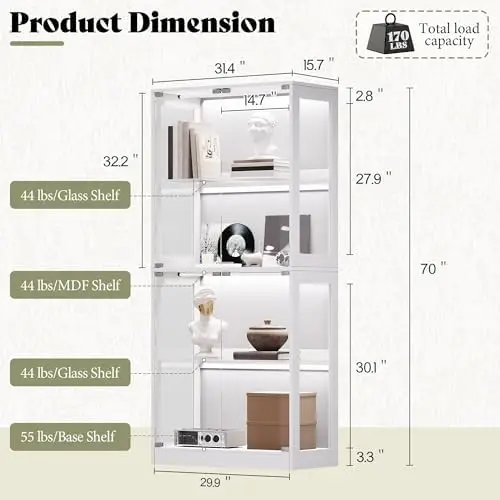 RGB Display Cabinet with Adjustable Glass Shelves, 4-Tier Storage Case with LED Lights & Press-to-Open Doors, Modern view 2
