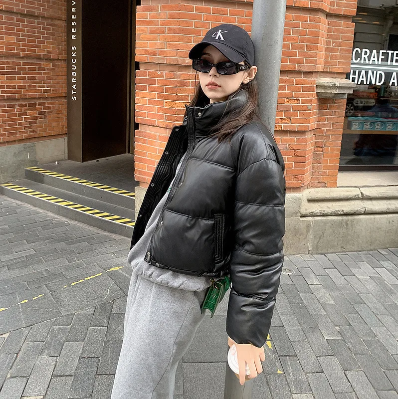 Down cotton jacket for women 2026 new short style imitation PU leather winter coat cotton jacket