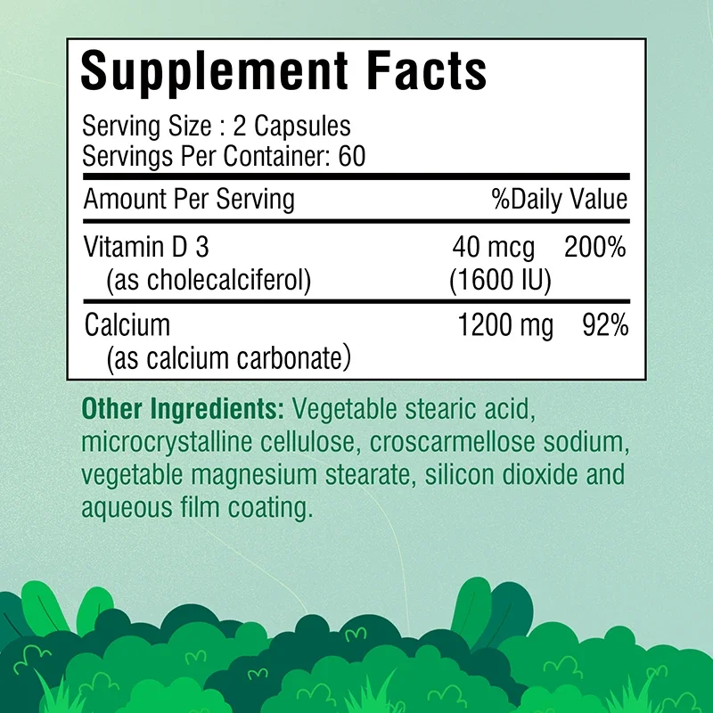 Calcium + Vitamin D3 Capsules - for Muscle Nerve Health Support Bone Density Teeth and Skin Heart Health