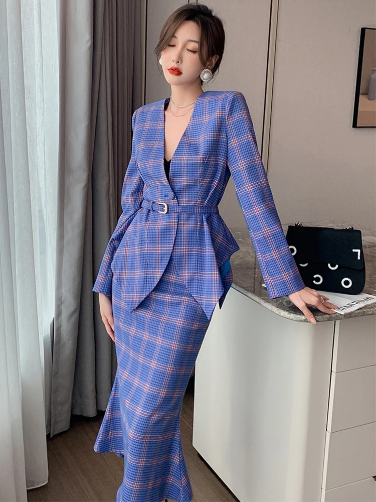 Fashion OL Formal 2 Piece Outfits Women Professional Chic Suits Jacket Coat Sashes Midi Fishtail Skirt Sets Business Work Style